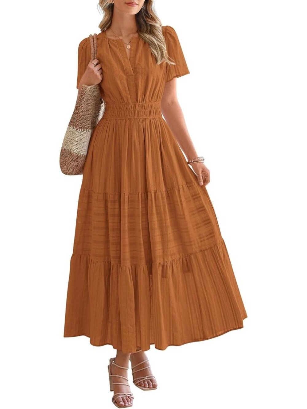 Women Brown Orange Sleeve V Neck Elastic Waist Boho Beach Casual Midi Dresses